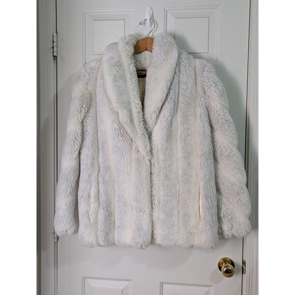 VTG Jordache Faux Fur Jacket Womens Large Cream Gray Pockets Lined Made in USA - Picture 1 of 13